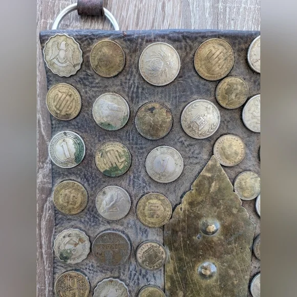 Vintage Collectible 1800s Moroccan Berber Leather Water Seller Bag Purse W Coins - Picture 9 of 13